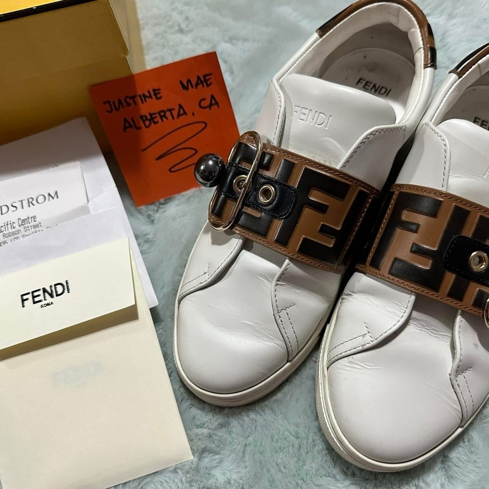 Fendi White and Tan Logo Sneakers